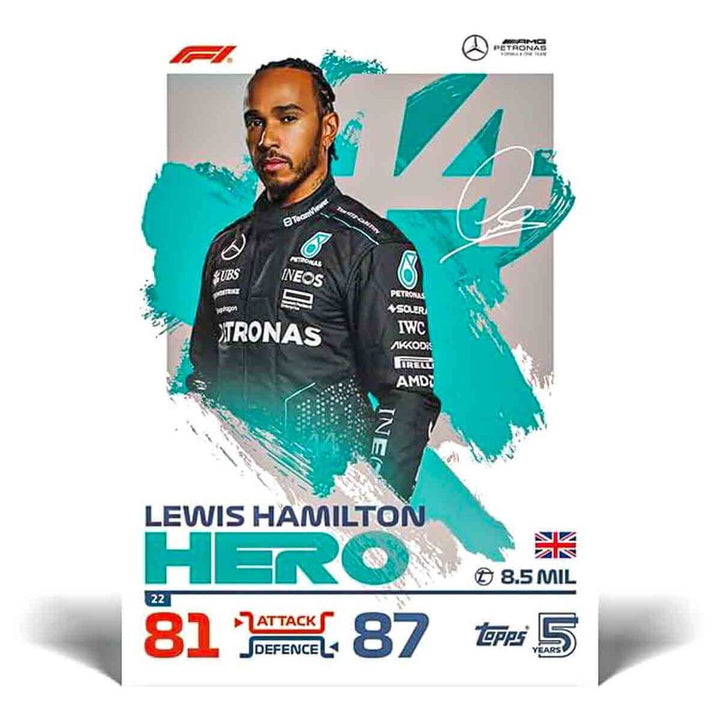 Turbo Attax 2024 trading card featuring F1 Hero Lewis Hamilton with attack and defense stats in front of turquoise and white background.