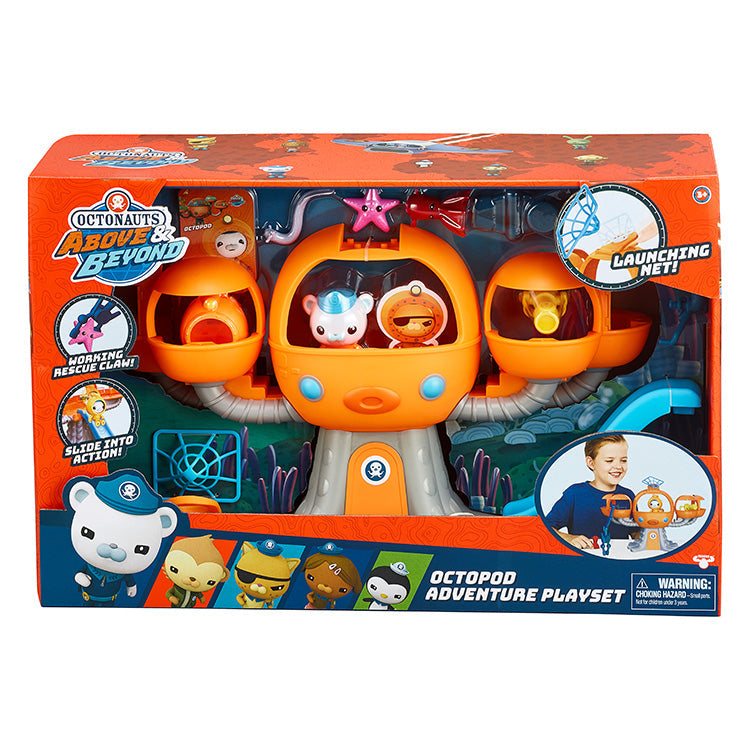 Octonauts Series 1 Octopod Playset with Octocrew HQ, net launcher, rescue claw, and spyglass accessory in a colorful package.