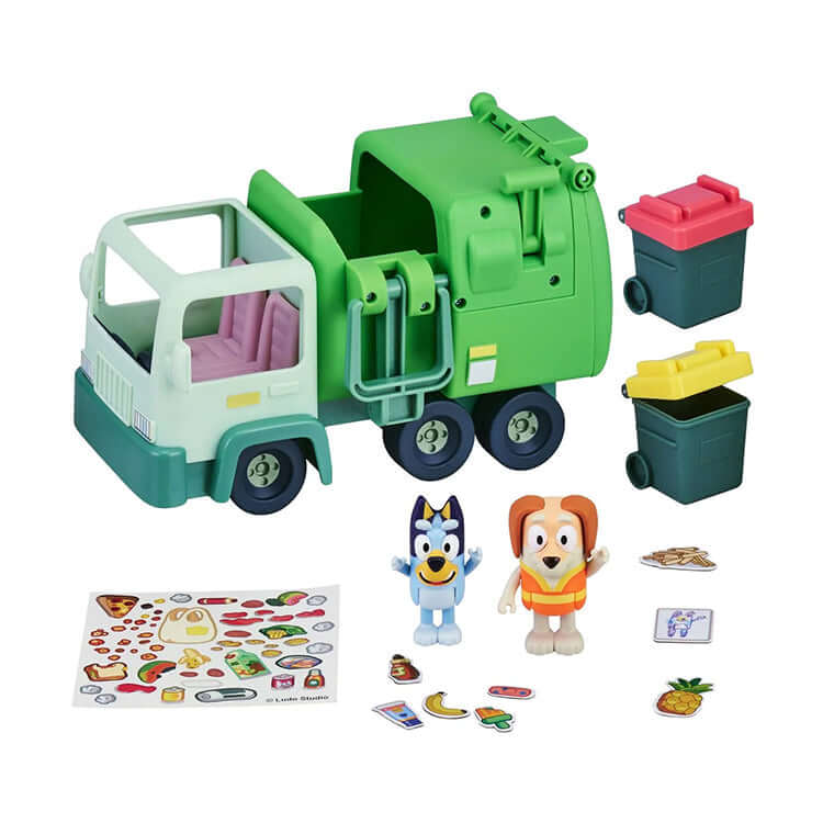 Bluey Series 6 Garbage Truck Playset with figures, bins, and stickers for imaginative play.