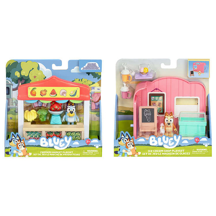 Bluey Series 10 Mini Playset Assortment featuring Farmers Market and Ice Cream Shop with figures and accessories.