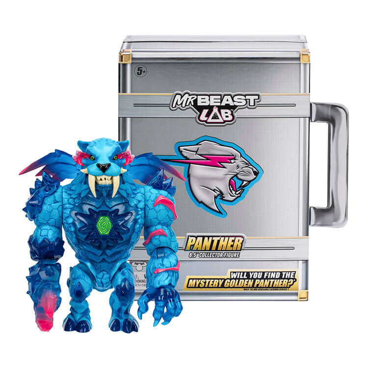 MrBeast Lab Panther Collector Figure next to iconic briefcase packaging, vibrant blue design showcasing strength and agility.