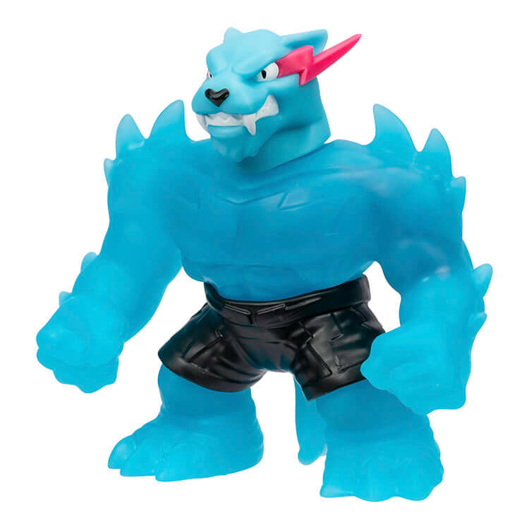 MrBeast Lab Goo Jit Zu Hypercharged Panther stretchy hero toy with unique fillings, 4.5-inch squishy blue panther figure.