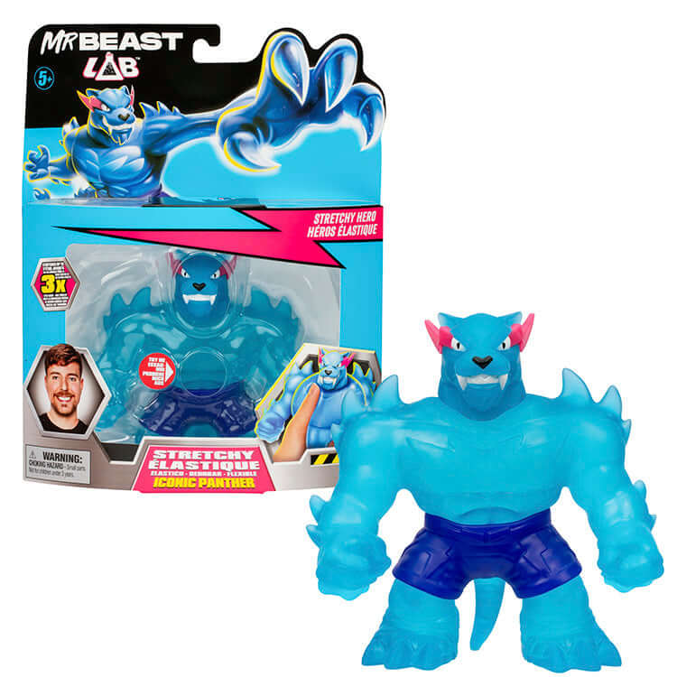 "MrBeast Lab Iconic Panther stretchy hero toy, featuring a blue squishy figure with packaging, highlighting stretchy and squishy features."