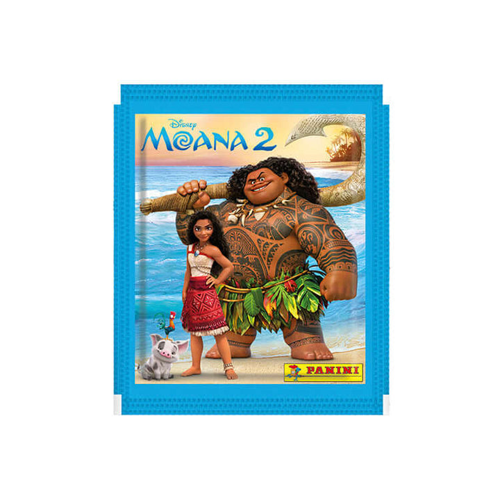 Disney Moana 2 sticker collection pack featuring Moana, Maui, and a pig on a beach background by Panini.