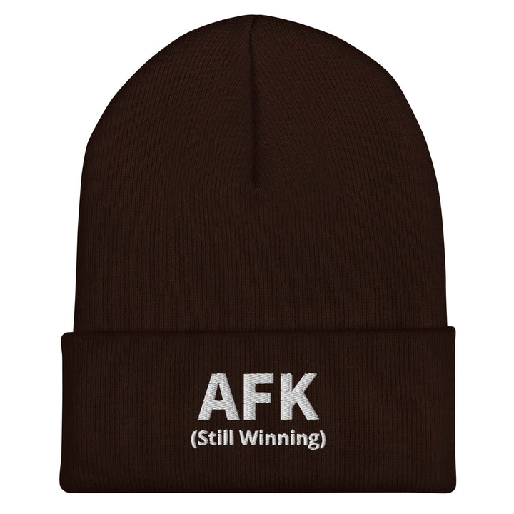 AFK Cuffed Beanie in brown with bold lettering stating AFK (Still Winning) for stylish warmth.