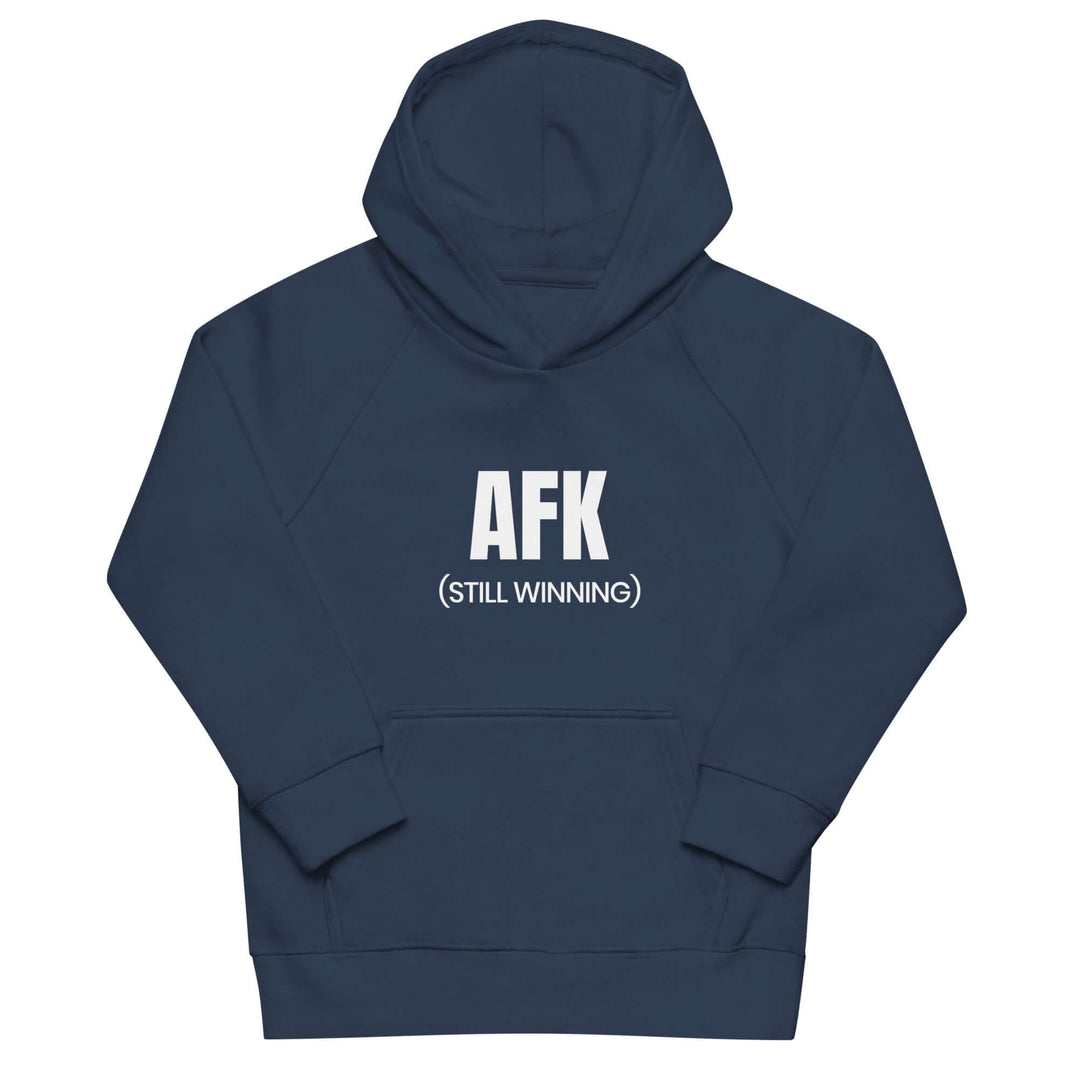 AFK Kids eco hoodie in navy with front pouch pocket and hood, made from organic cotton and recycled polyester.