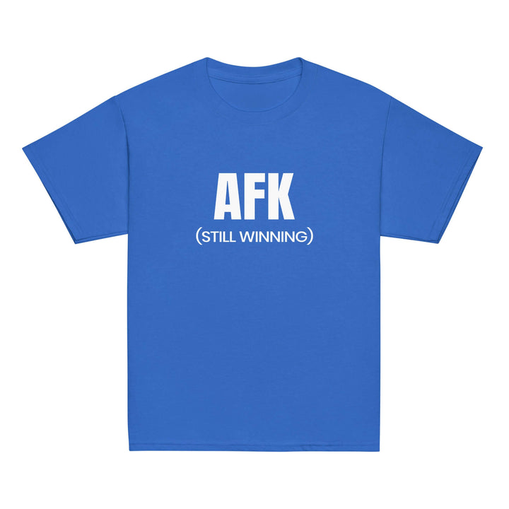 AFK Youth classic tee in blue color featuring bold text "AFK (STILL WINNING)" for kids' casual wear.