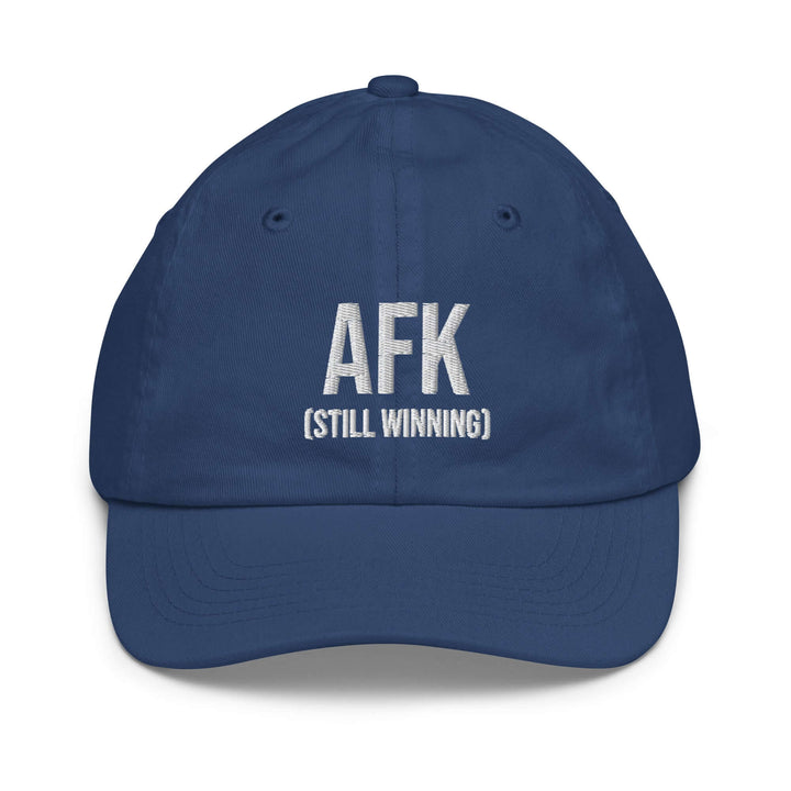 AFK Youth baseball cap in navy blue showcasing embroidered text AFK (STILL WINNING) on the front.