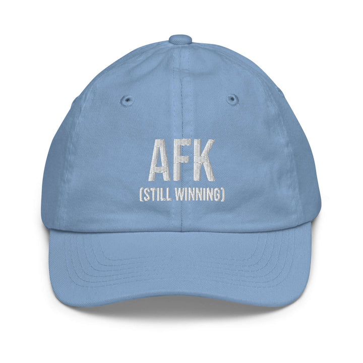 AFK Youth baseball cap in light blue featuring embroidered text 'AFK (STILL WINNING)' for stylish sun protection.