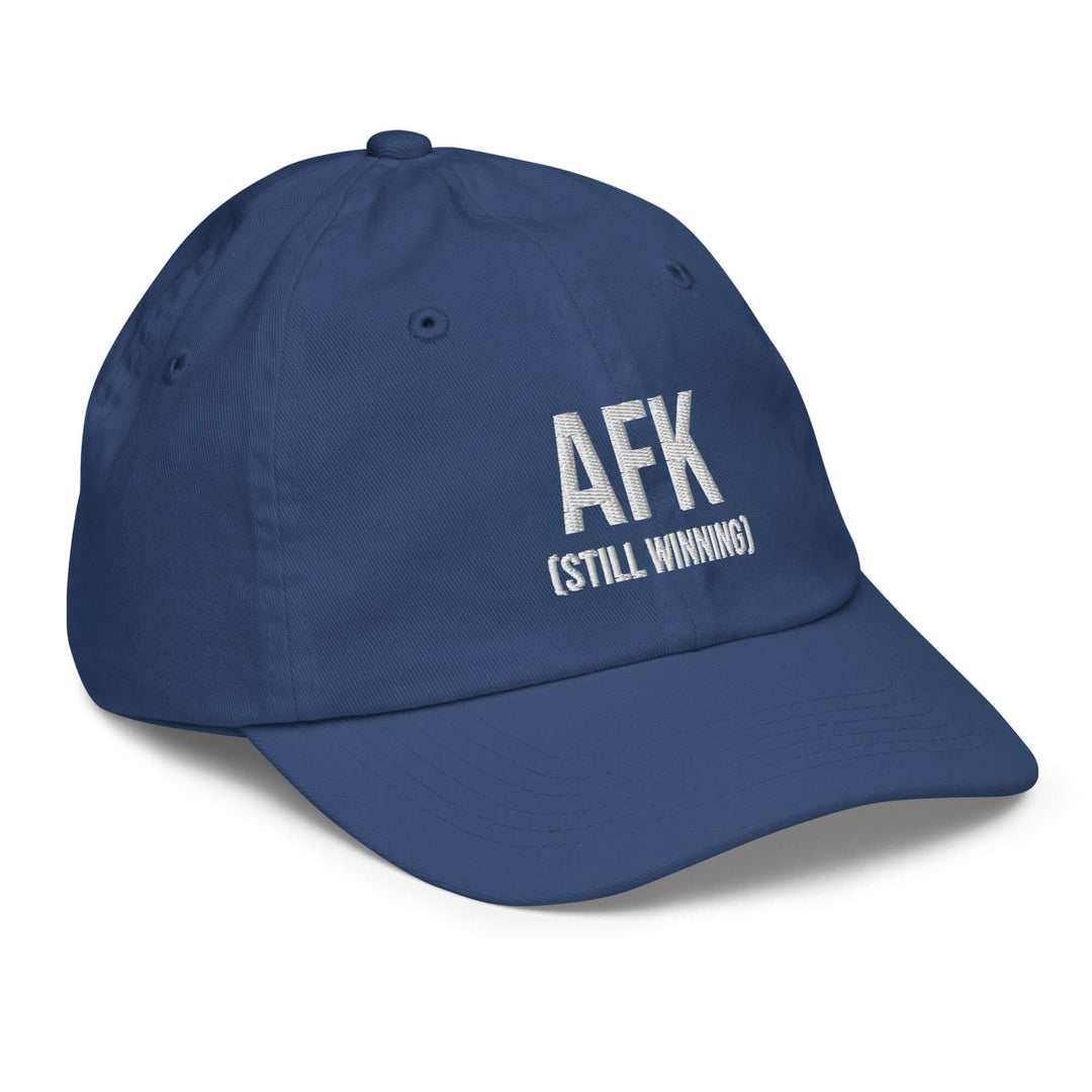 AFK Youth baseball cap in navy blue with 'AFK (STILL WINNING)' embroidered design, ideal for outdoor activities.