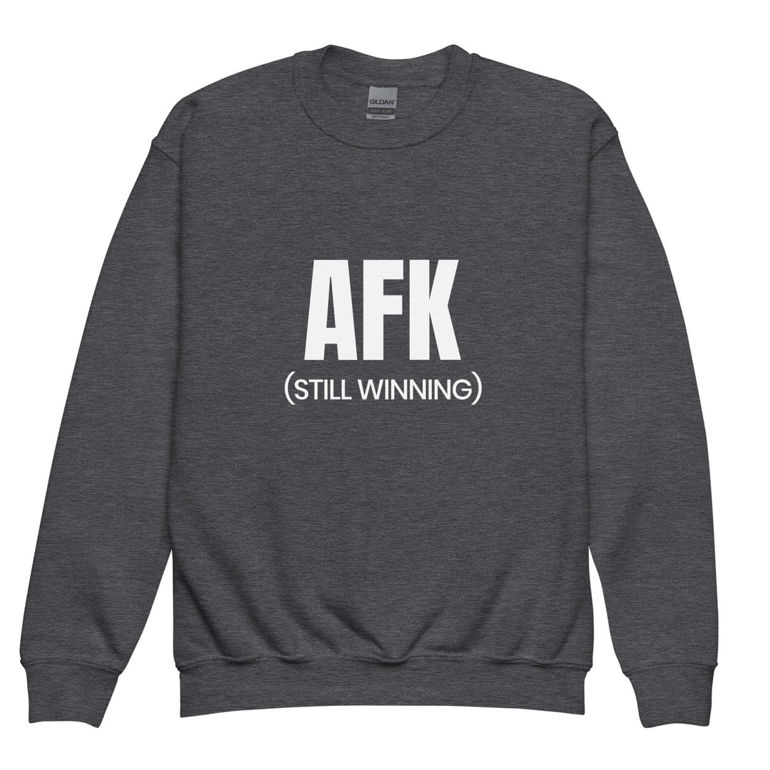 AFK Youth crewneck sweatshirt in dark grey with 'AFK (STILL WINNING)' text design.