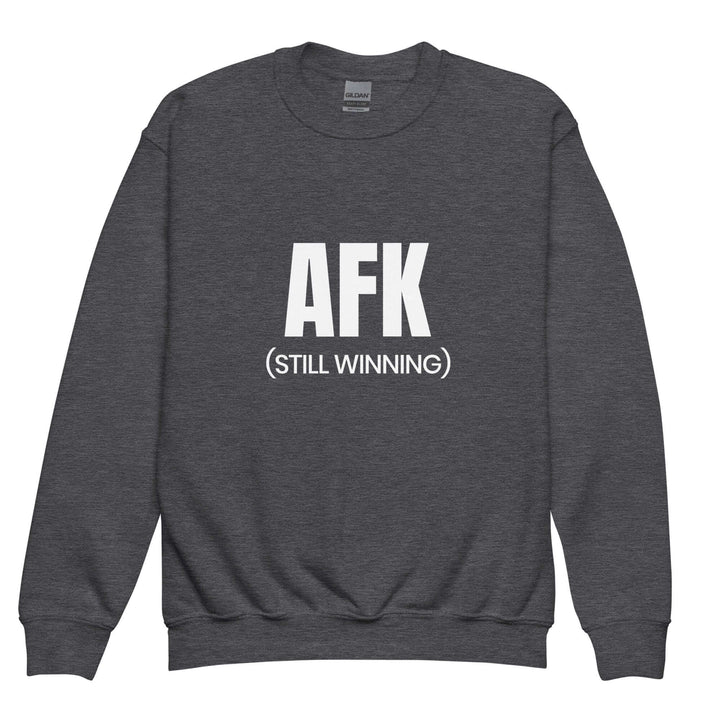 AFK Youth crewneck sweatshirt in dark grey with 'AFK (STILL WINNING)' text design.