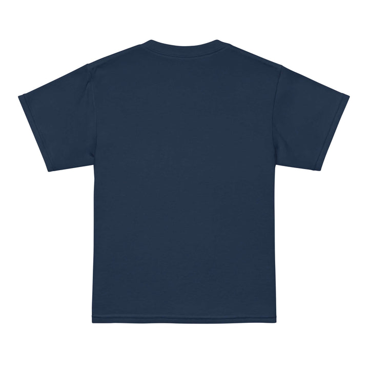 AFK Youth t-shirt, back view showing modern fit and classic-width ribbed collar in navy color.