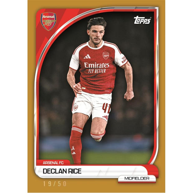 Arsenal Collectors Tin 2025-26 featuring Declan Rice, numbered 19/50, Arsenal FC midfielder card by Topps.