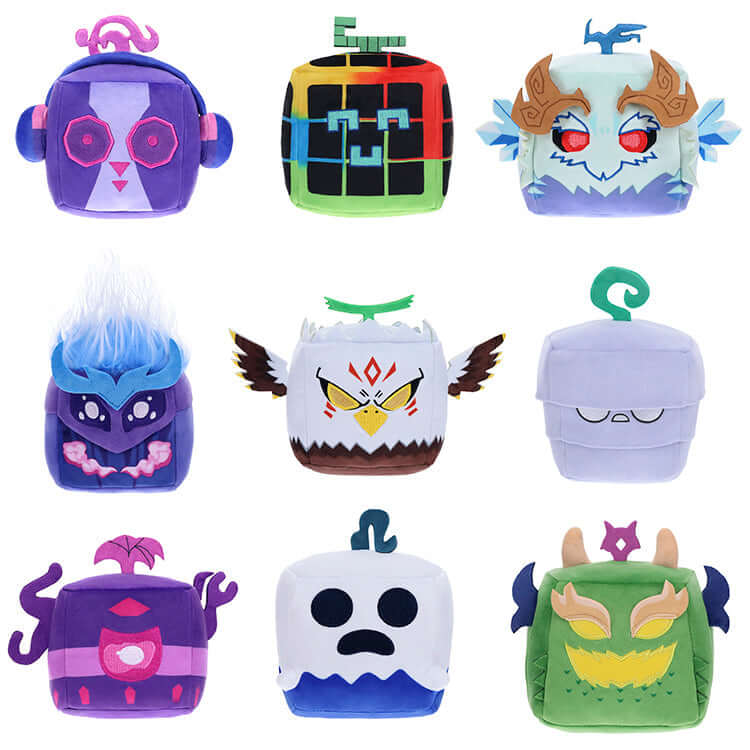 Blox Fruits Series 3 4" Collectable Plush featuring nine unique character designs in vibrant colors.