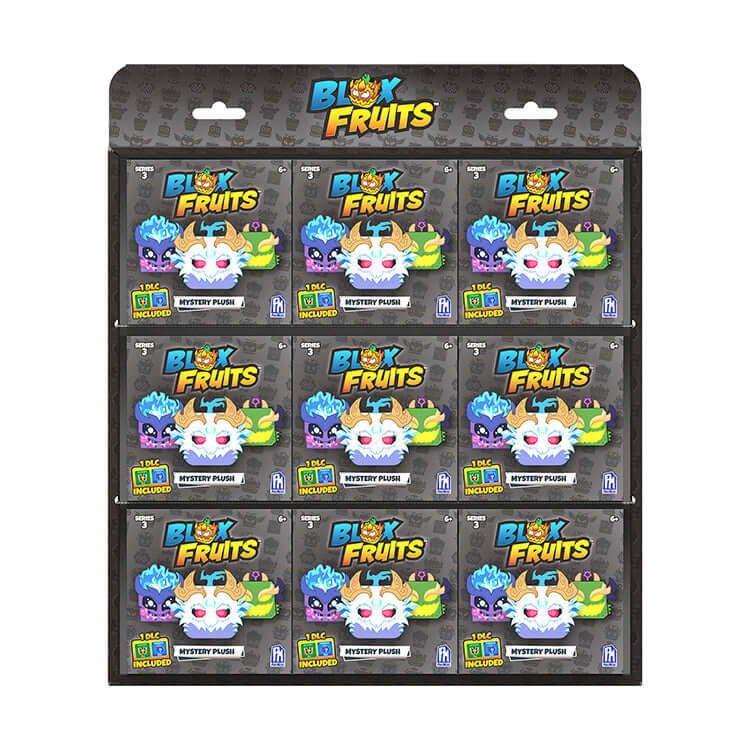 Blox Fruits Series 3 4" Collectable Plush mystery plush boxes featuring colorful character designs.