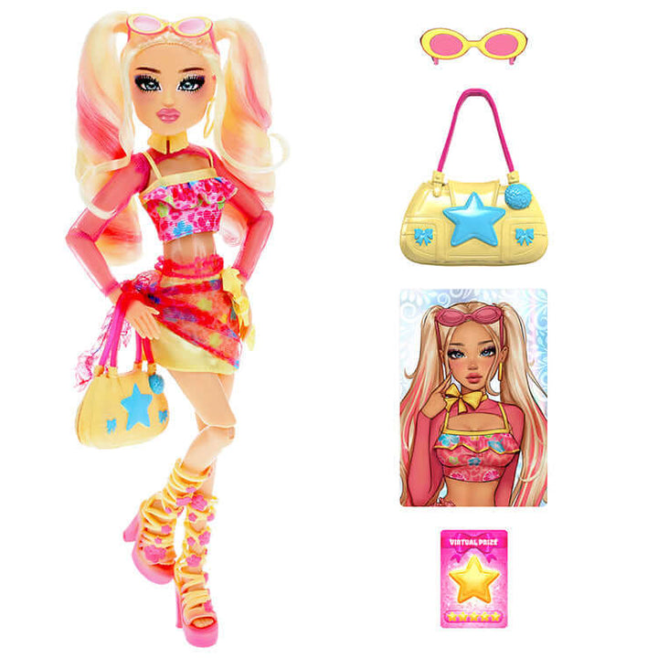 Dress To Impress Bubblegum Gal Fashion Doll Series 1 with accessories, stylish outfit, and glam sunglasses.