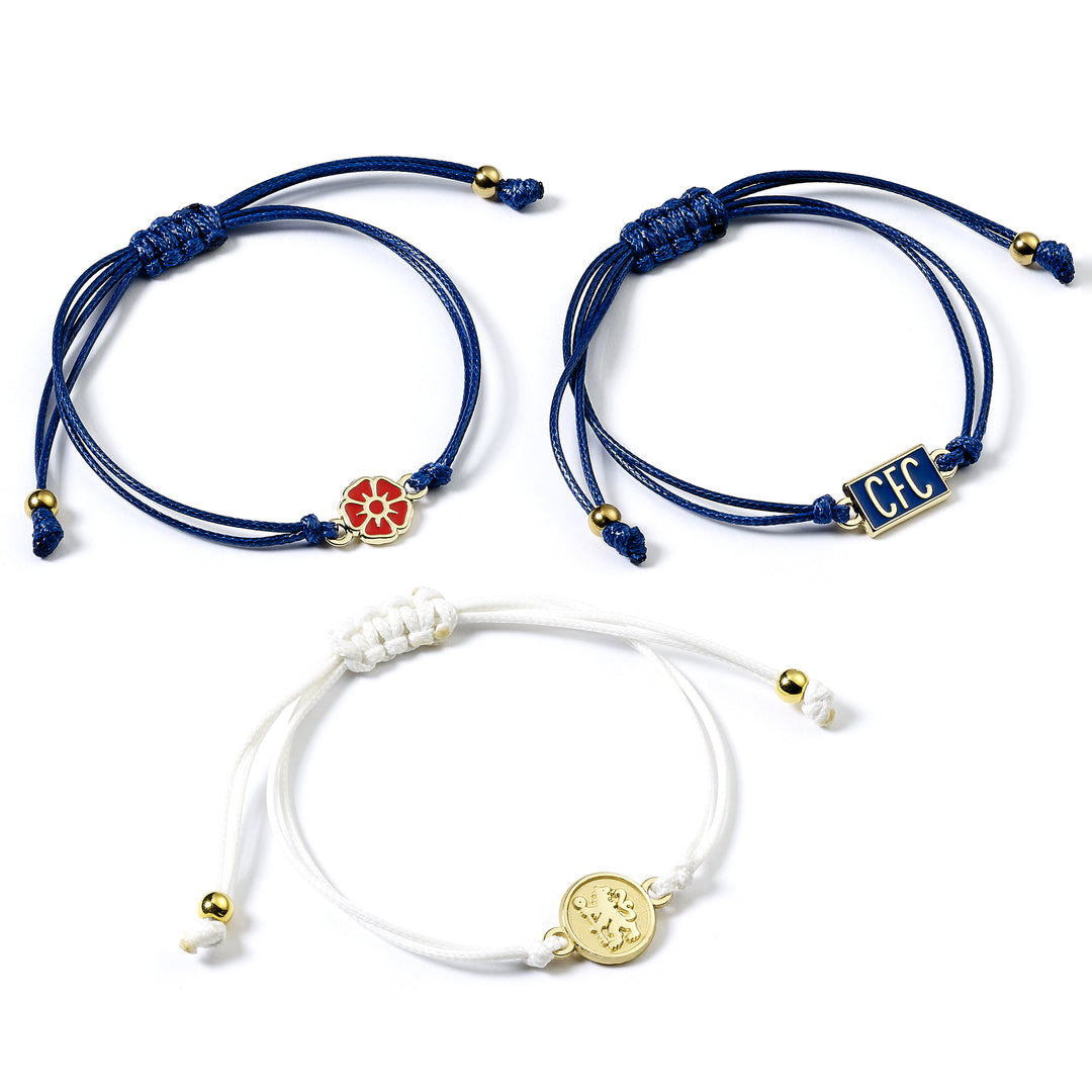 Chelsea Football Club friendship bracelets featuring iconic symbols on adjustable cords.