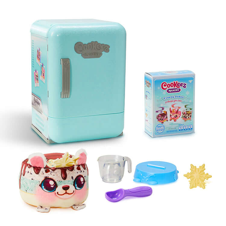 Cookeez Makery S2 Freezy Cakez Playset with refrigerator, ingredients, and cute plush mold.