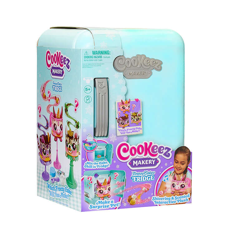 Cookeez Makery S2 Freezy Cakez Playset packaging featuring surprise plush and accessories for interactive play.