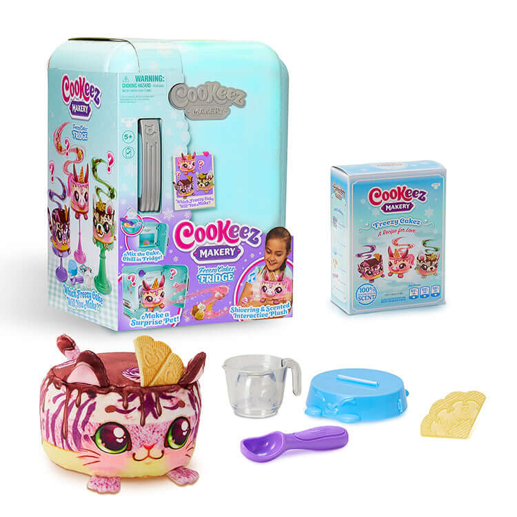 Cookeez Makery S2 Freezy Cakez Playset featuring colorful molds and ingredients for creating fun desserts.