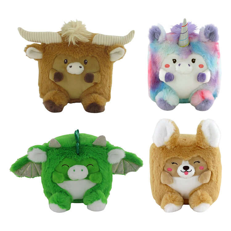 Cutie Cubes 5.5" Plush Assortment featuring various colorful and cute cube-shaped plush toys.