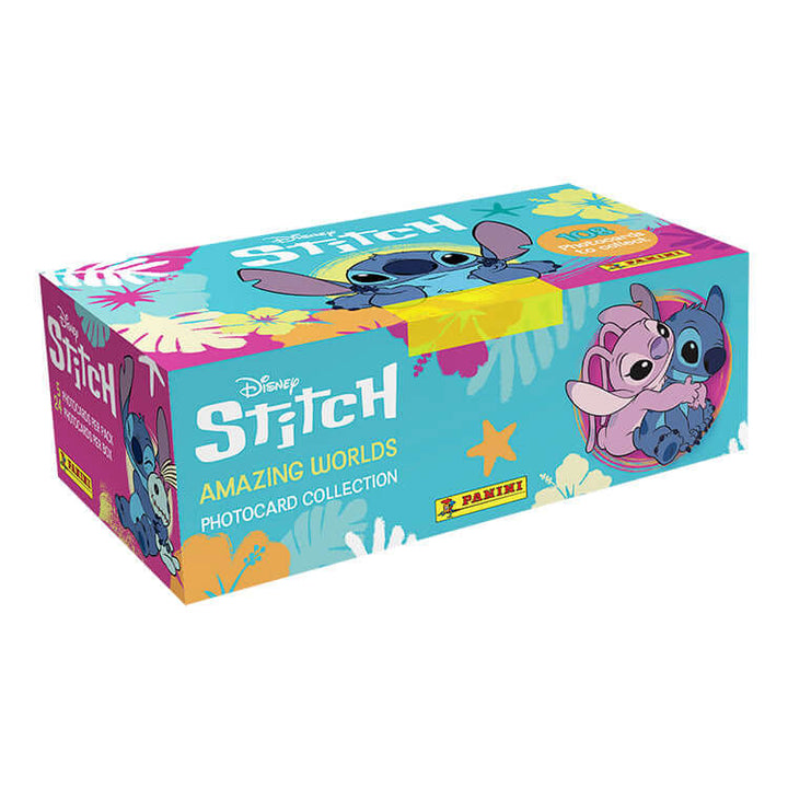 Stitch Amazing Worlds Photocard Collection box featuring Stitch and friends with vibrant colors and design.