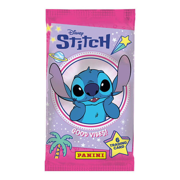 Stitch Good Vibes trading cards pack from Panini featuring Stitch character design and vibrant colors.