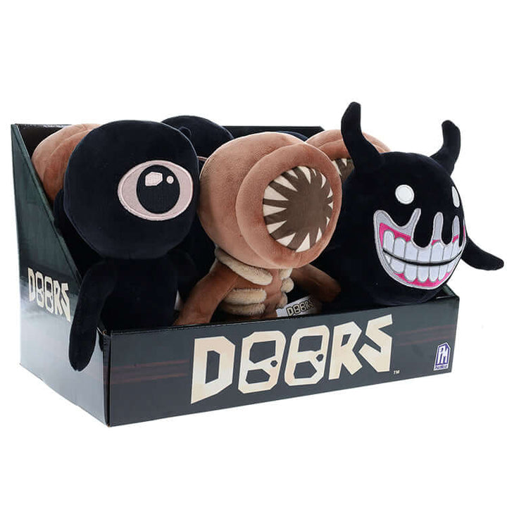 Doors Collectable Plush figures in display box showcasing creepy characters from the popular game.