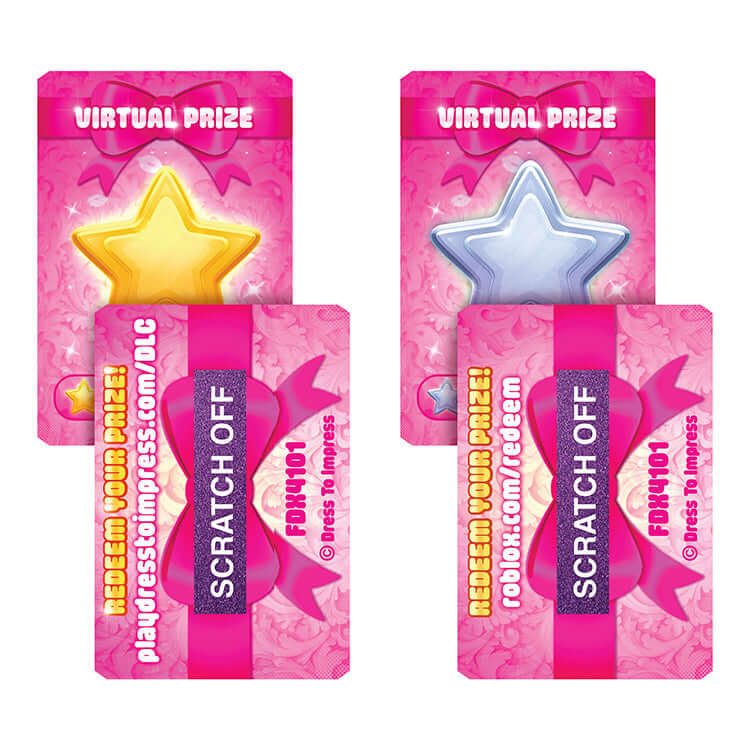 Virtual prize cards from Dress To Impress game featuring scratch-off options and colorful design.