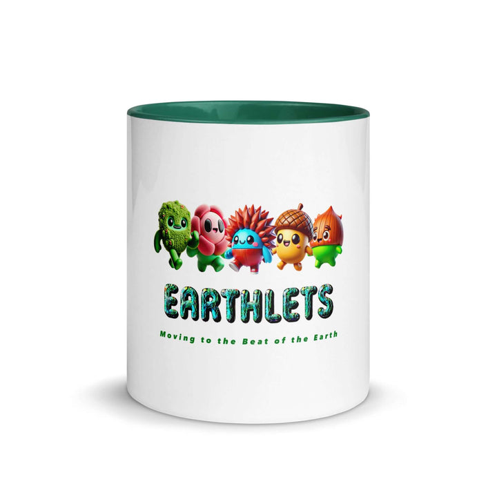 Earthlets ceramic mug featuring colorful characters and vibrant green interior for eco-friendly design.