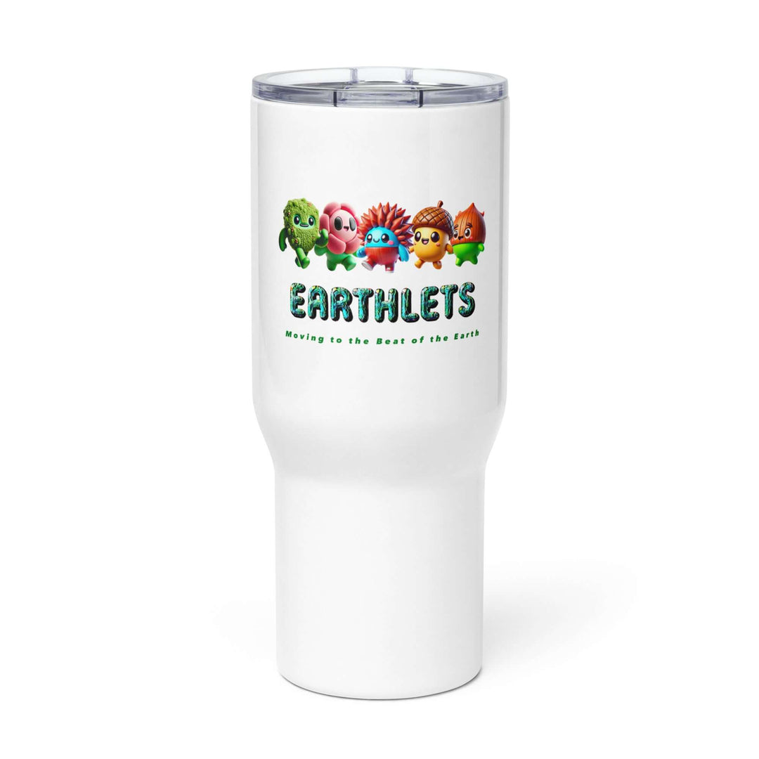 Earthlets travel mug featuring colorful characters, perfect for hot and cold beverages on the go.