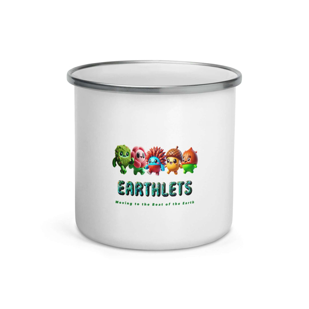 Earthlets Enamel Mug featuring colorful characters and the slogan 'Moving to the Best of the Earth'.