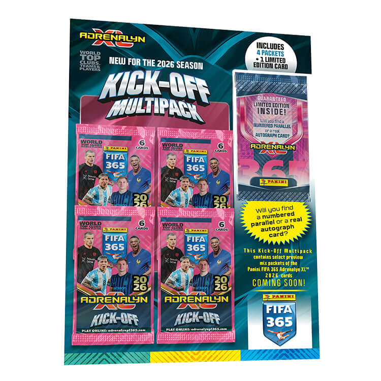FIFA 365 2026 Adrenalyn XL Kick-Off Multipack featuring 4 packets and 1 exclusive limited edition card.