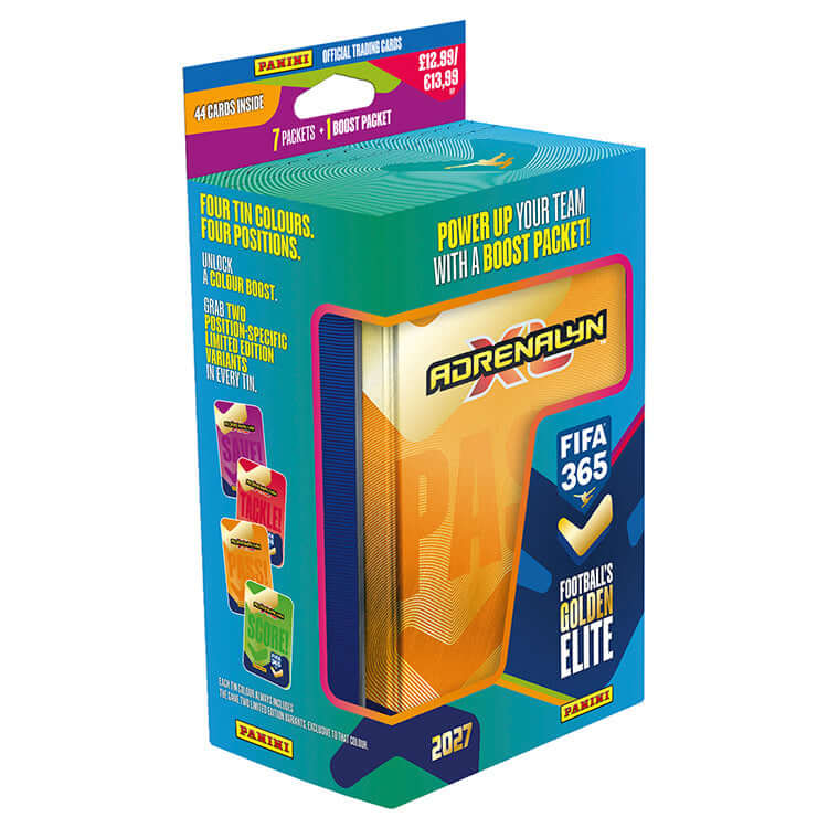 FIFA 365 2026 27 Adrenalyn XL Trading Cards collection box featuring 44 cards, 7 packets, and a boost packet.