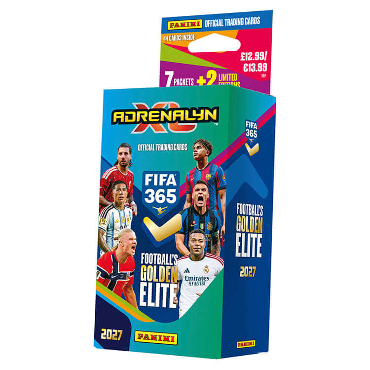 FIFA 365 2026 27 Adrenalyn XL Trading Cards collection box featuring football players and limited edition cards.
