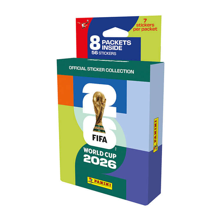 FIFA World Cup 2026 Official Sticker Collection box featuring 8 packets and 56 stickers.