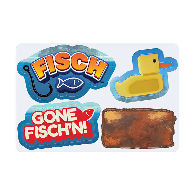 Fisch Microfigure multipack sticker featuring 'Gone Fisch'n!', a rubber duck, and a fish logo.