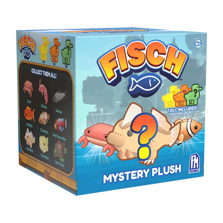 Fisch Mystery Plush collectible box featuring unique sea creatures like Crab and Goldfish, with DLC code included.