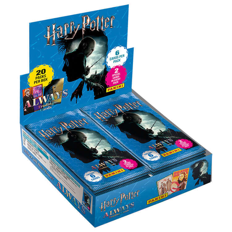 Harry Potter Always Trading Card Collection display box with multiple packs, featuring 6 cards per pack and 2 special cards inside.