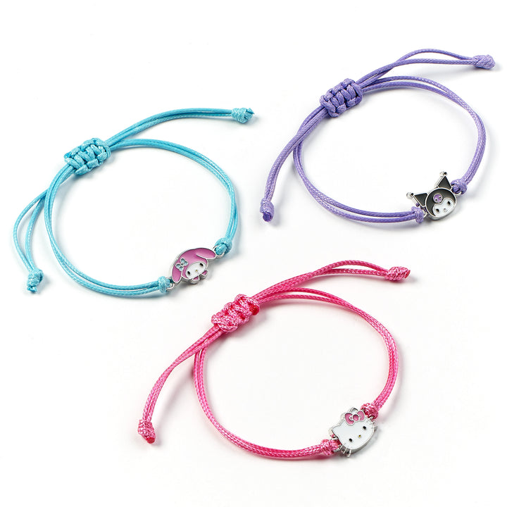 Hello Kitty friendship bracelet set featuring My Melody and Kuromi in blue, pink, and purple colors