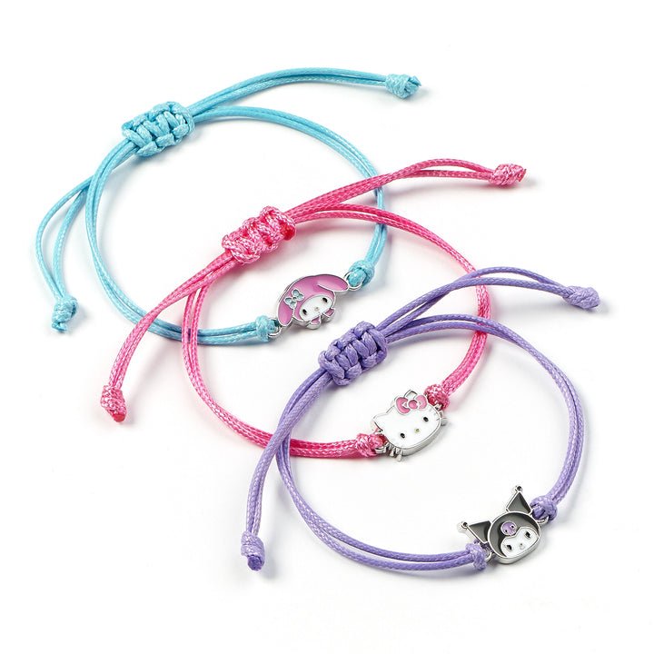 Hello Kitty friendship bracelet set featuring three colorful bracelets with cute character charms.