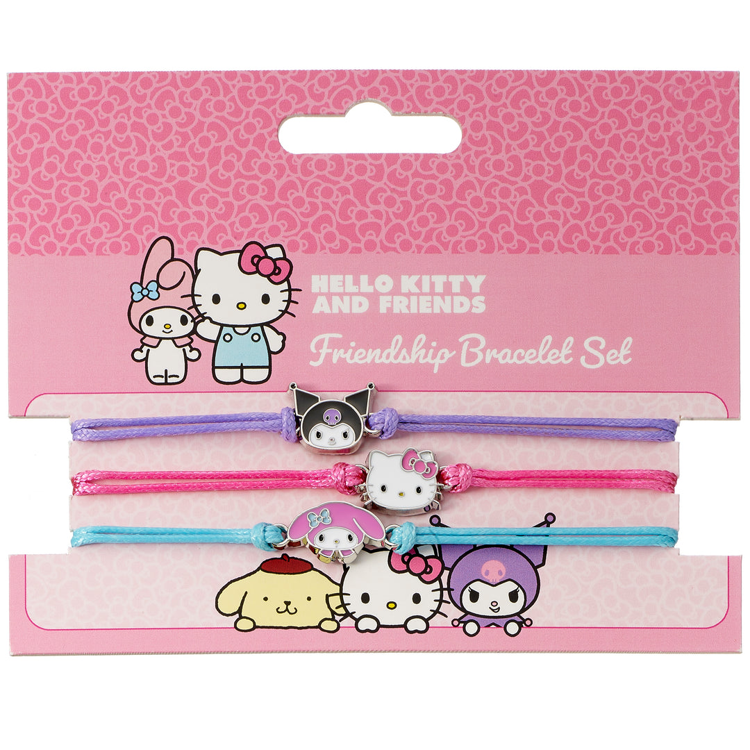 Hello Kitty friendship bracelet set featuring Hello Kitty, Kuromi, and My Melody on colorful straps.