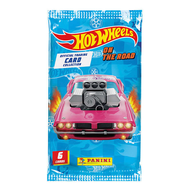 Hot Wheels On The Road trading card pack featuring a pink car, 6 collectible cards from Panini.