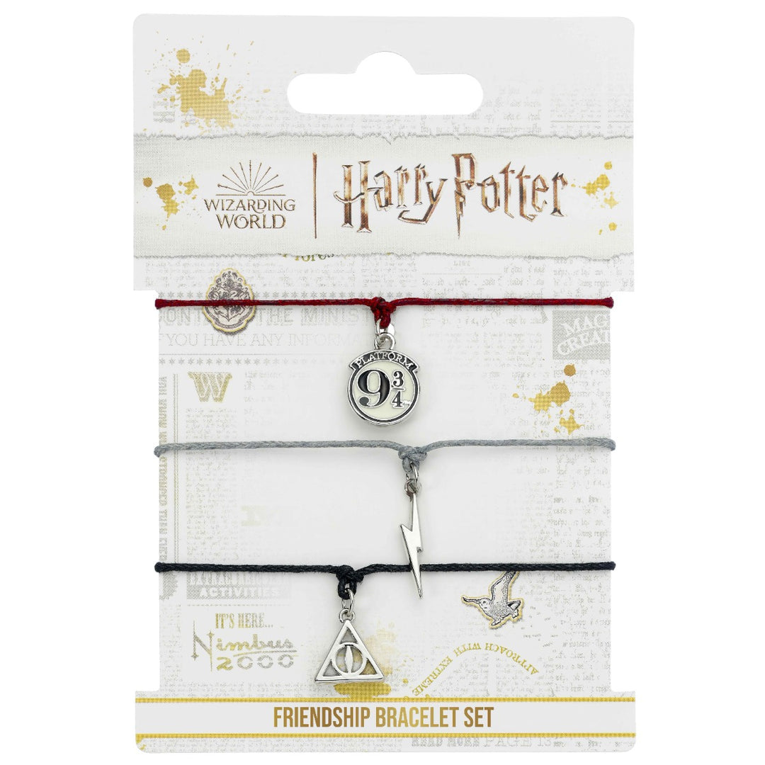 Harry Potter friendship bracelet set featuring Platform 9 3/4, Lightning Bolt, and Deathly Hallows charms on nylon cords.