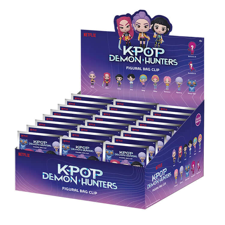 K-Pop Demon Hunter Series 1 3D Keychains display featuring various figural bag clips from the popular Netflix series.