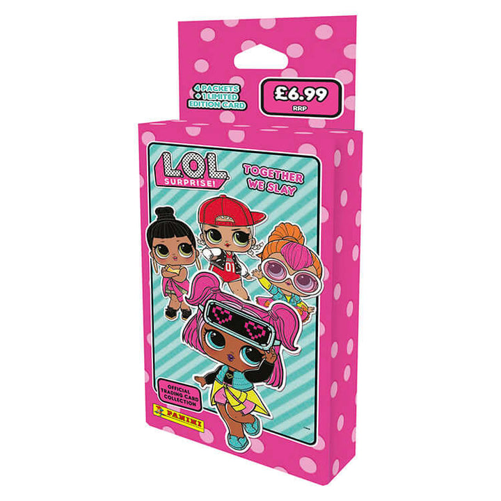 L.O.L Together We Slay Trading Card Collection featuring colorful characters on a pink polka dot packaging.