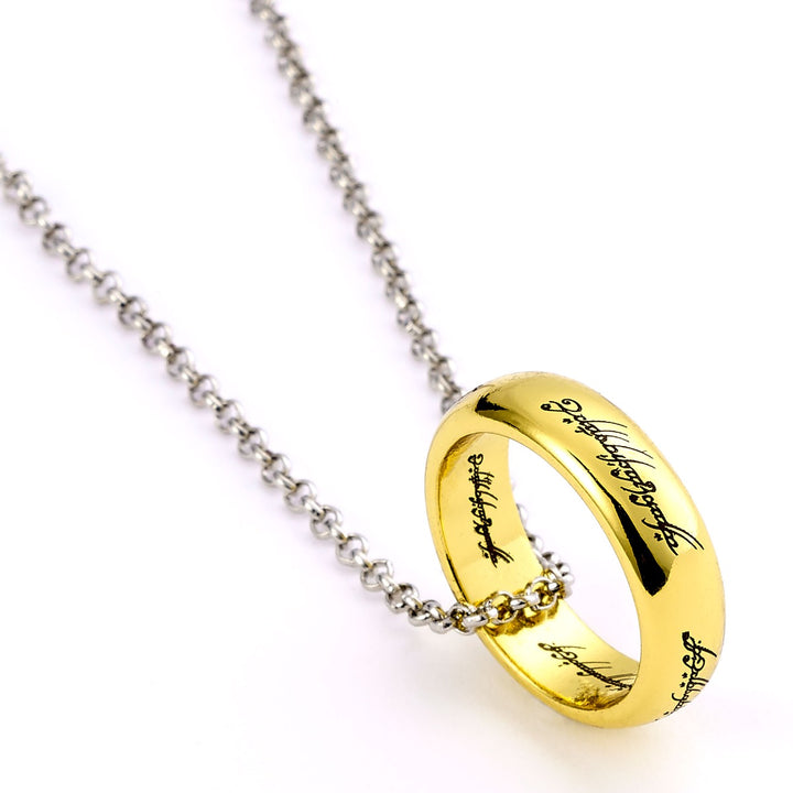 The Lord of the Rings necklace featuring the One Ring on a silver chain, engraved with elvish text.