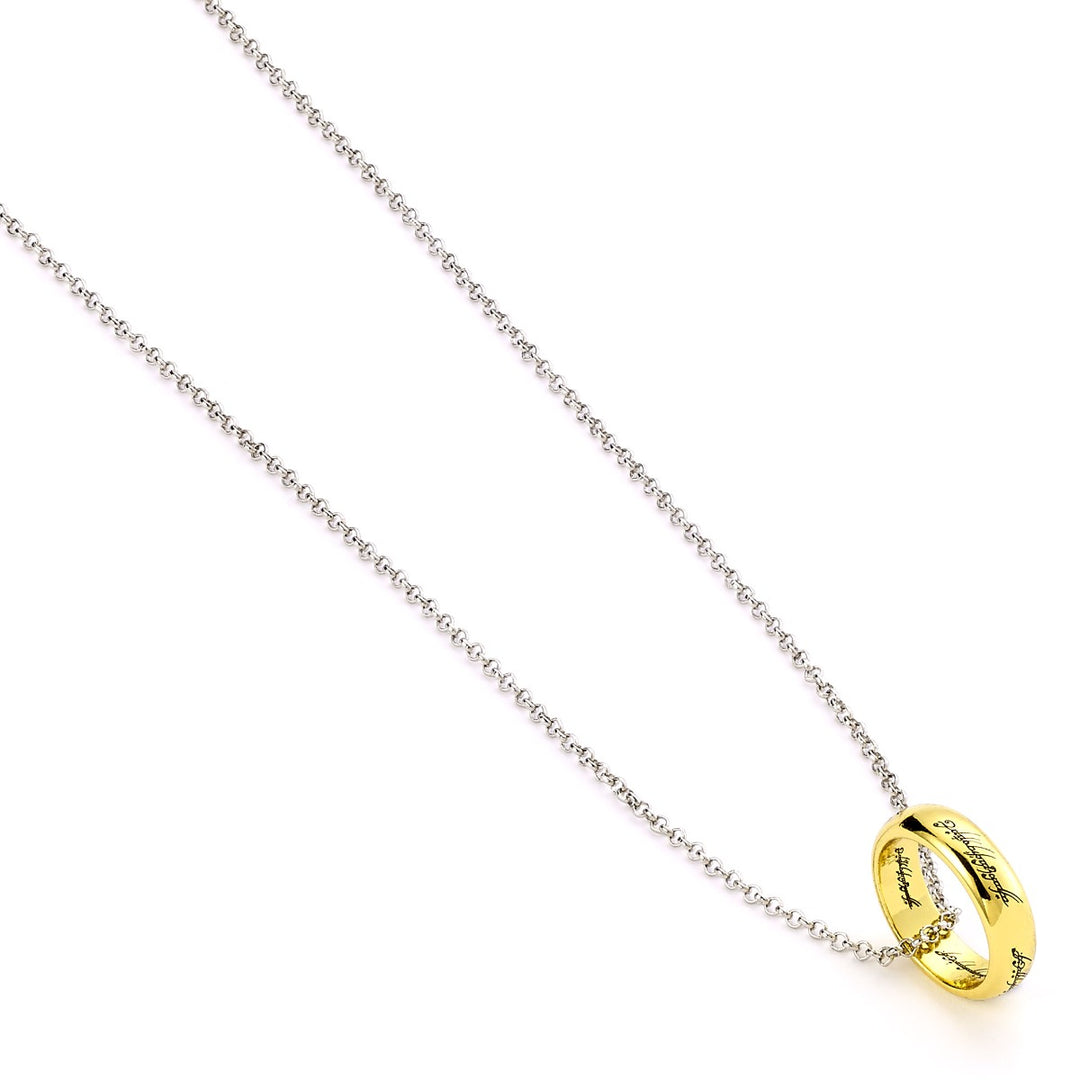 Lord of the Rings necklace featuring The One Ring on a silver chain, showcasing its engraved inscription.