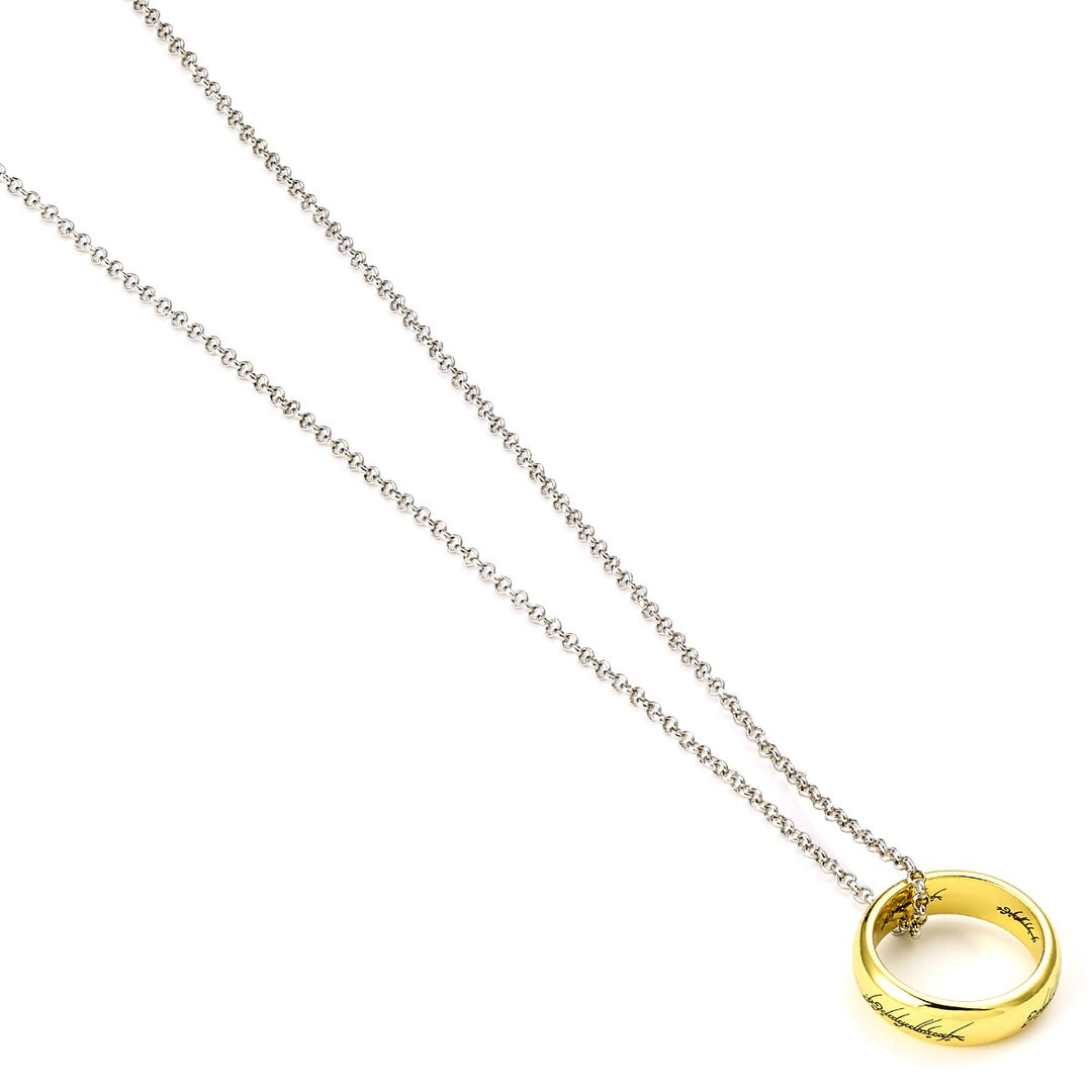 The Lord of the Rings necklace featuring the engraved One Ring on a silver chain, perfect for fans of Middle-earth.